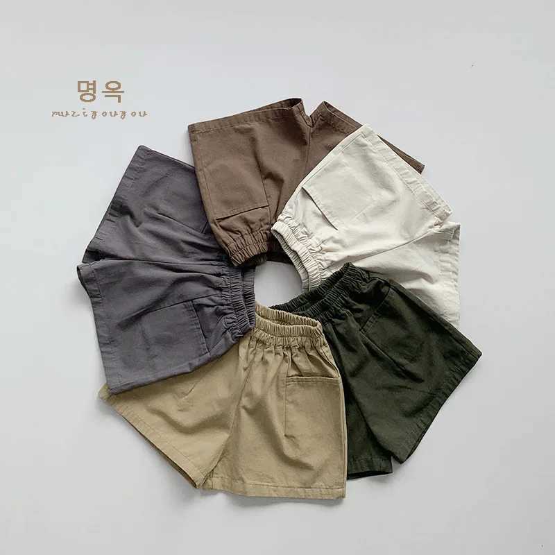 2025 Summer New Childrens Loose Shorts Solid Retro Girls Casual Shorts Baby Boys Casual Pocket Shorts Childrens Clothing Z250410