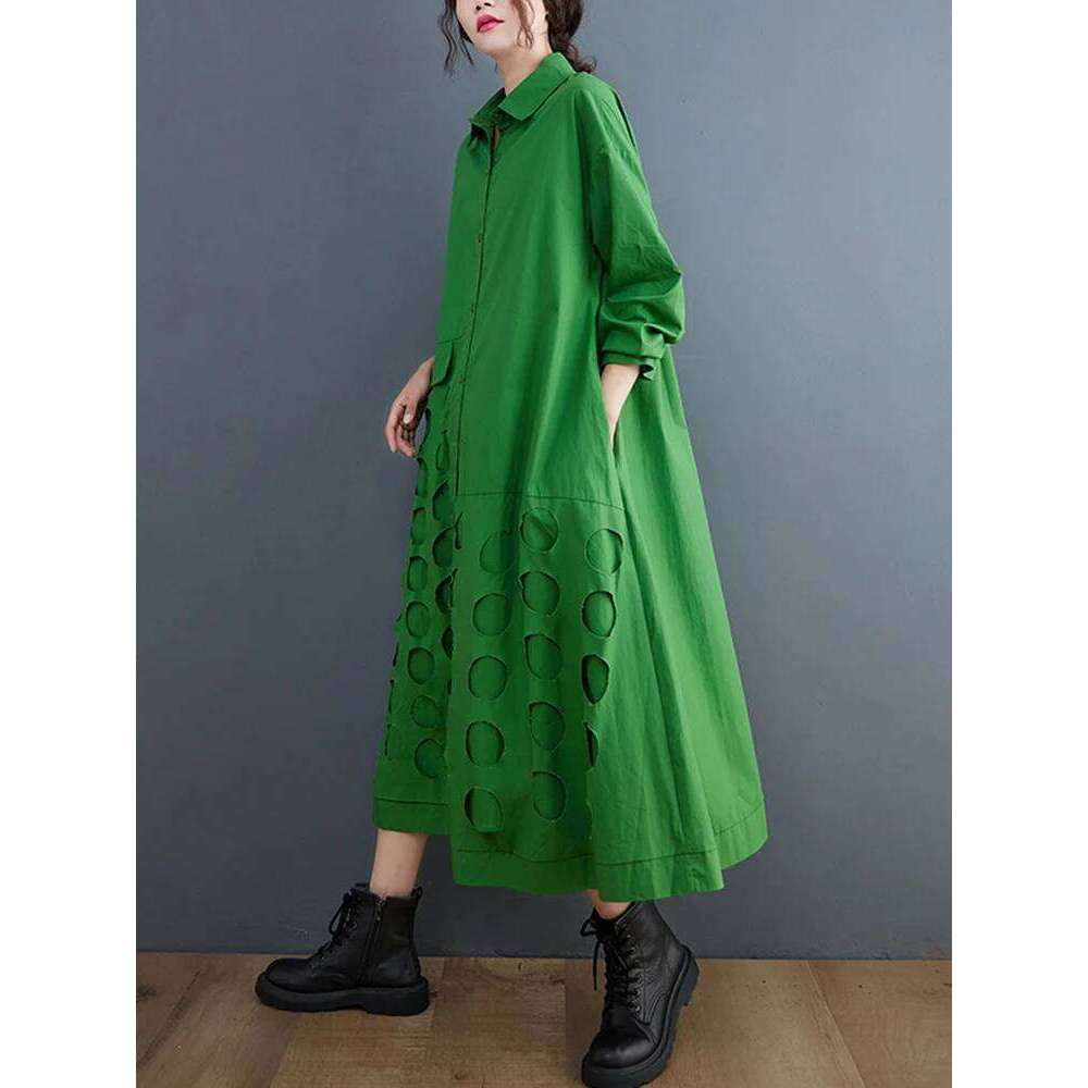 Green Vintage Hollow Out Shirt Dresses For Women New Long Sleeve Loose Casual Dress Elegant Clothing Fashion Spring Autumn 2025