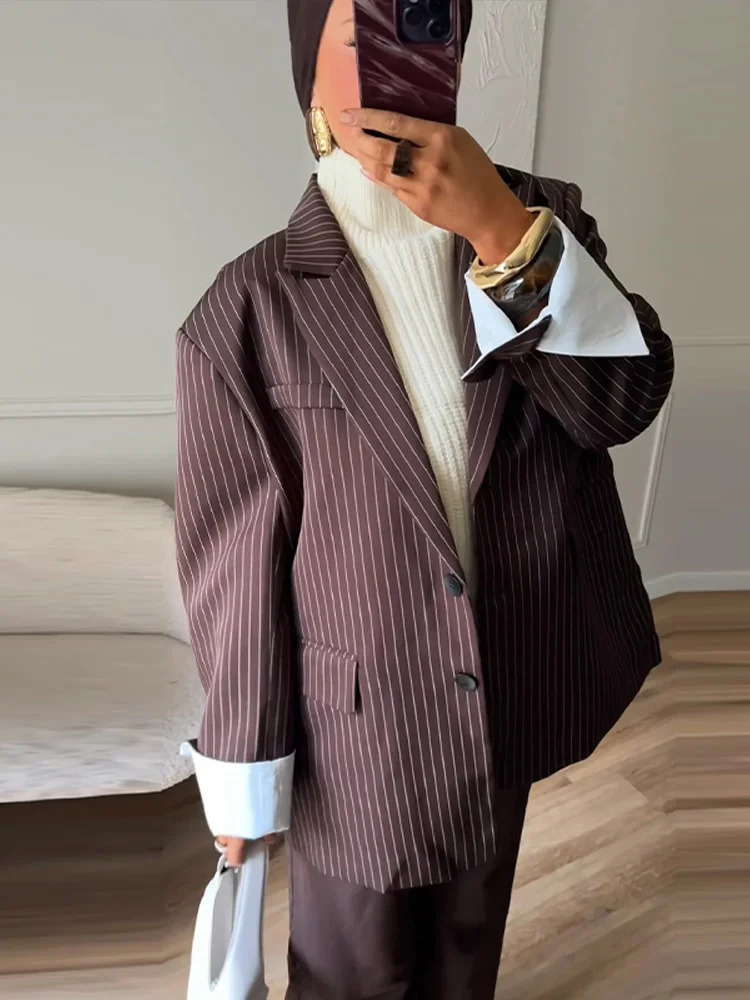 Elegant Womens Blazer Coat Long Sleeve Flap Pockets Shoulder Pad Single Breasted Jacket Autumn Office Lady Outwear 251110