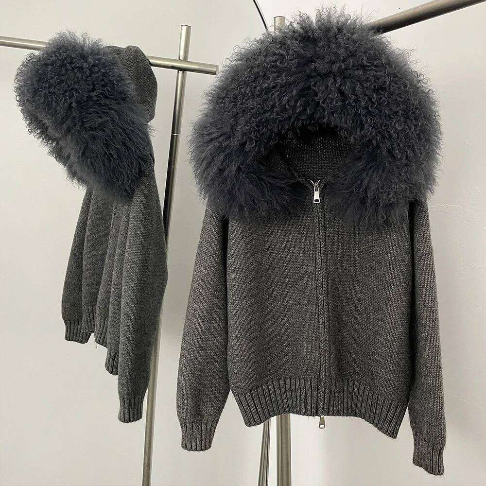 Reality Cardigan Natural Fox Coat Women Real Mongolian Fur Knitwear Female Spring Autumn Hooded Knitted Jacket
