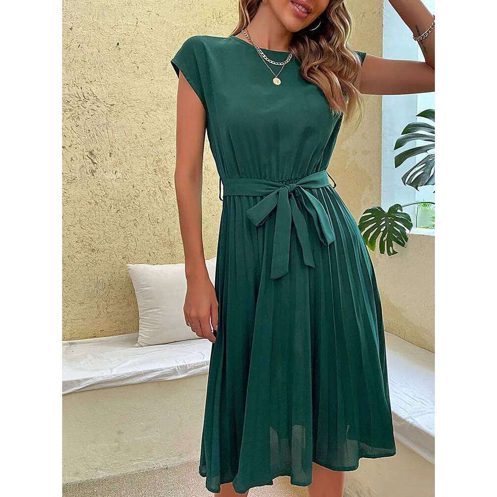 Elegant Women Summer Casual Beach Sundress Short Sleeve Pleated Midi Dress Soild Colour O Neck Tunic Dresses Fashion