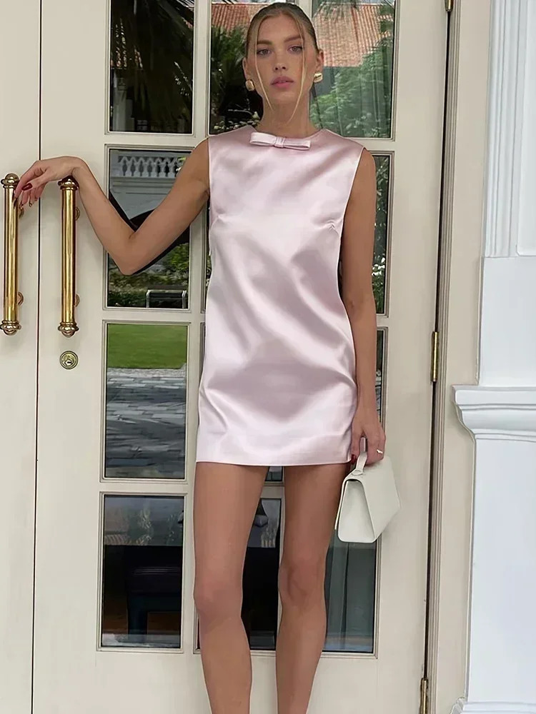 Satin mini womens sexy backless bow dress sleeveless vest dress for women party elegant evening dress for women 250403