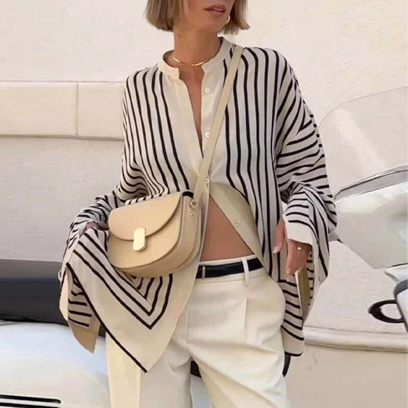 Rui Chuo Cross-Border Amazon Foreign Trade European and American Long Sleeve 2025 Autumn New Striped Loose Cardigan Shirt for Women