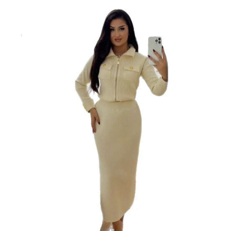 Two-Piece Set New Style Turn-Down Collar Zipper Knitted Cardigan Slimming Skirt Autumn Winter Outfit