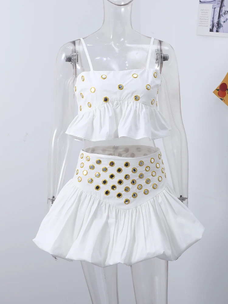 Hollow Out Crop Tank Pleated Skirt Sets Women Ring Bead Strap Sleeveless Backless Vest A-line Skrits Suits 2025 Spring Street 250409