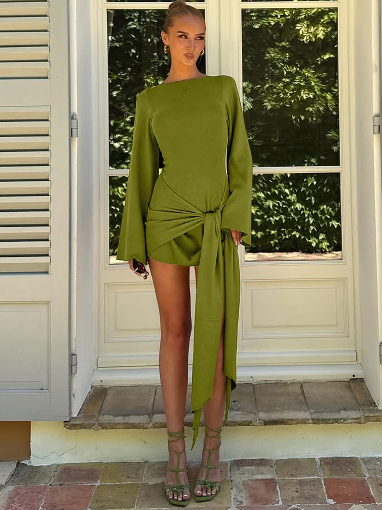 Dulzura Autumn Fashion Elegant ONeck Long Sleeve Slim Fit Lace Up Mini Dress Ladies Solid Casual Clothes Party Club Outfit 251110