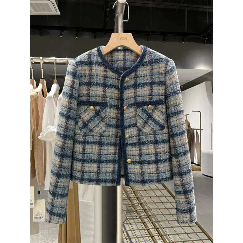 Autumn Korean Small Fragrant Coat Women Short Jacket Female Tweed Wool Outwear Casual Plaid Blazer Tops Ladies 251110
