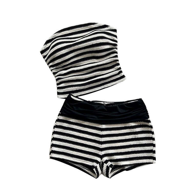 2025 Summer Cross-Border Trade European American Black and White Striped Tube Top Shorts Slim Sexy Hot Pants Two-Piece Set for Women