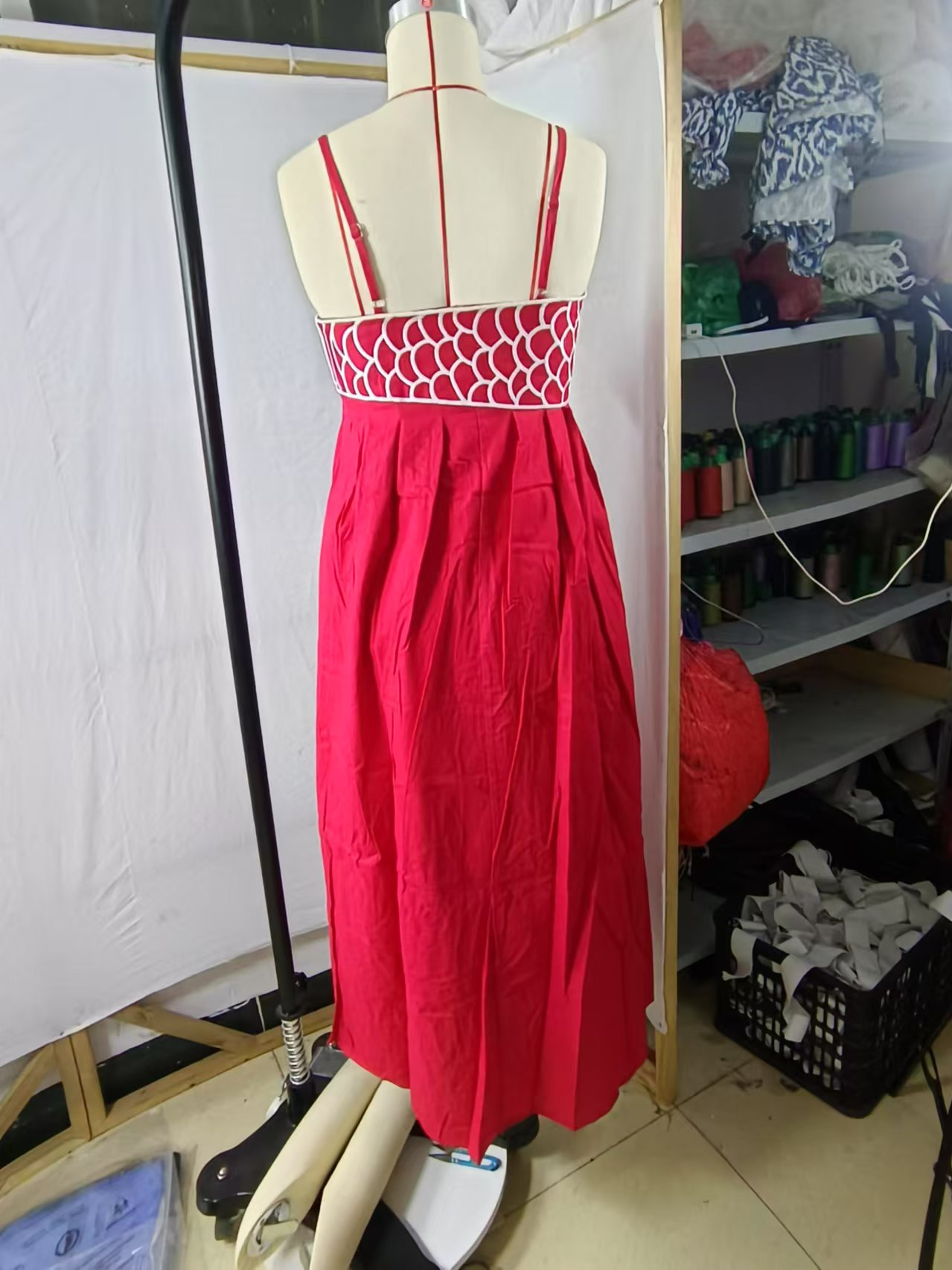 G461Elegant Red Suspender Dress with Pleats and Detailed Embroidery - Spring/Summer Collection