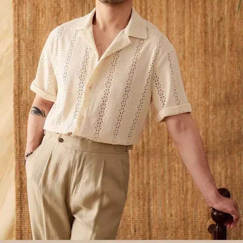 Summer thin jacket short sleeved shirt mens set light mature hollow leisure vacation Cuban collar casual shirt men X250410