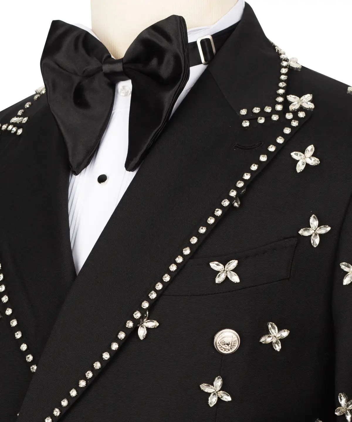 Handsome Men's Jacket Crystal Blazer Two Pieces Set Peaked Lapel Double Breasted Rhinestone Groom Coat Customized Jacket+Pants Plus Size