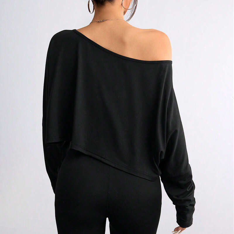 2025 Autumn New Cross-Border Amazon Foreign Trade European and American Style Asymmetrical Long Sleeve T-Shirt Short Off-Shoulder Loose Top for Women