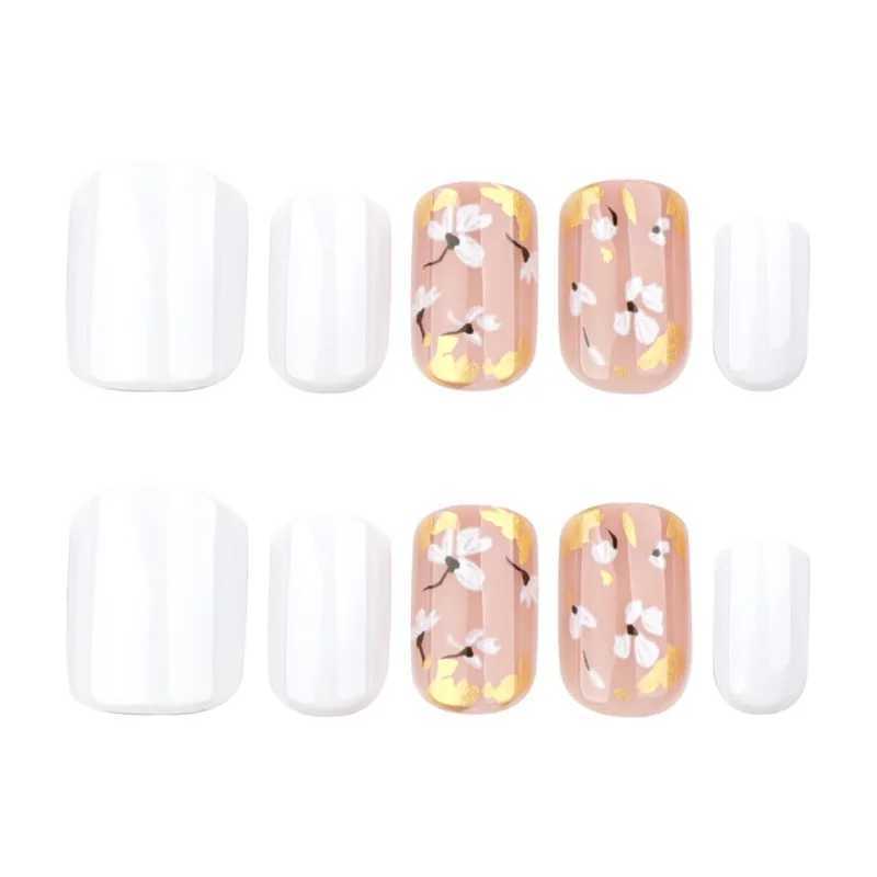 24Pcs Short Square White Floral False Acrylic Nails Elegant Trendy Wearable Nail Tips with Gold Foil for Women Girls Daily Wear W250410