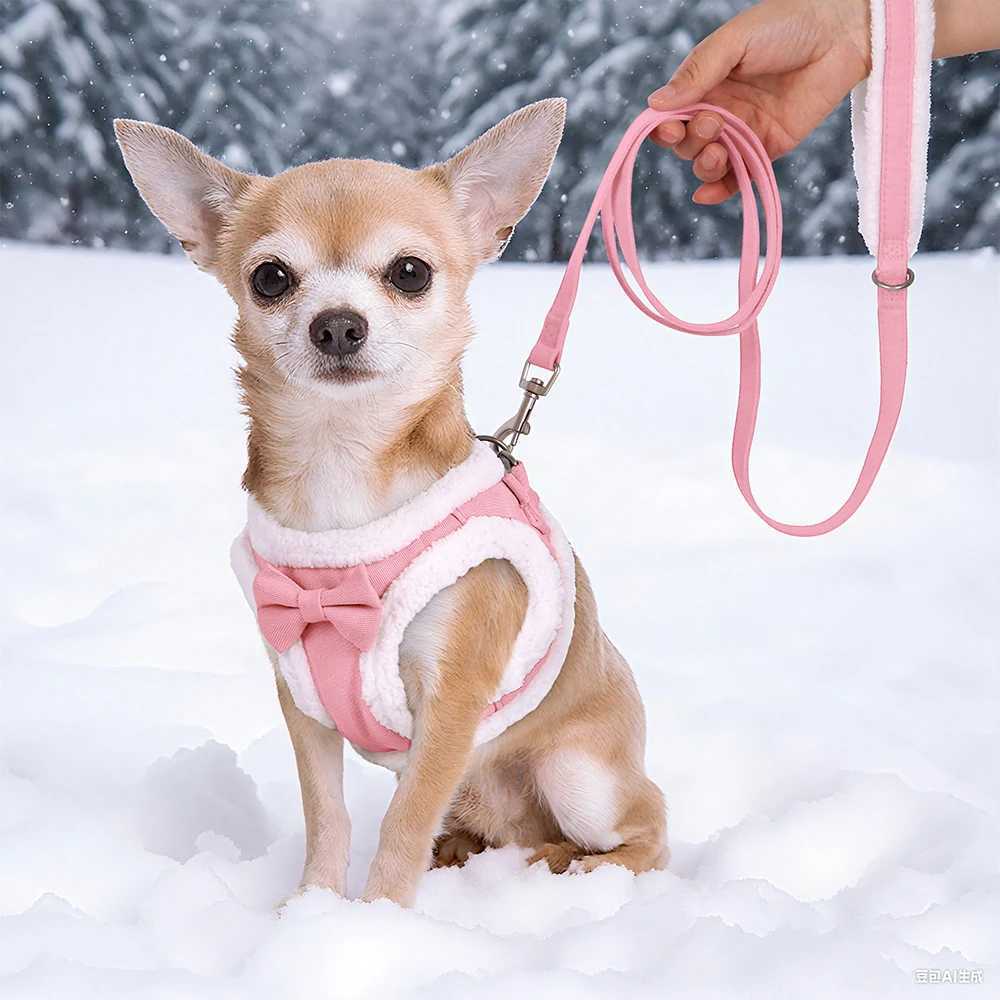 Soft Dog Harness Leash Set Adjustable Dog Harnesses With Cute Bowtie Accessories Warm Winter Pet Vest Lead for Small Medium Dogs J251110