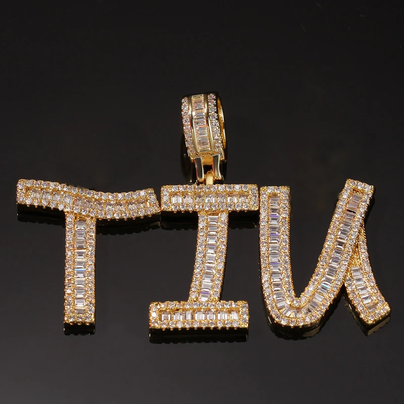 Custom Name Words Baguette Letters Pendant Gold Silver Color Charm A Zirconia Mens Hip Hop Necklace Chain Rock Jewelry 250409