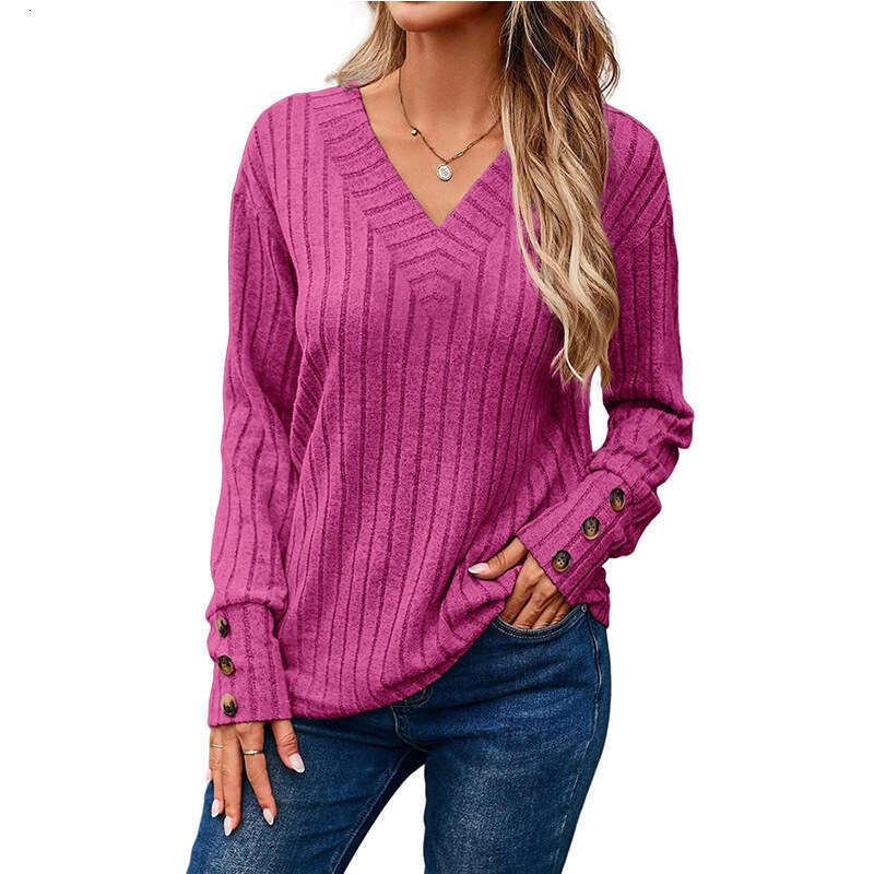 2025 Autumn Winter New European and American Cross-Border Fashion Amazon Women's Long Sleeve V-Neck Shirt Solid Color Button T-Shirt