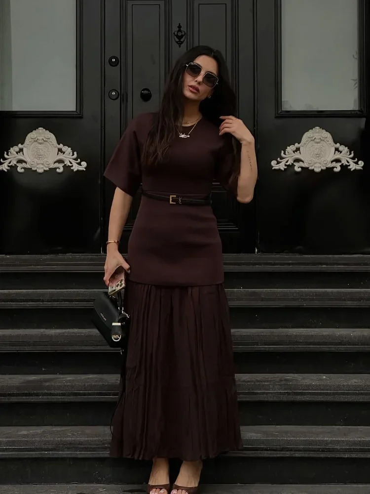 Elegant O-neck short sleeved Maxi dress for women fashionable solid pleated Gauze patch dress womens office commuting vest 250409