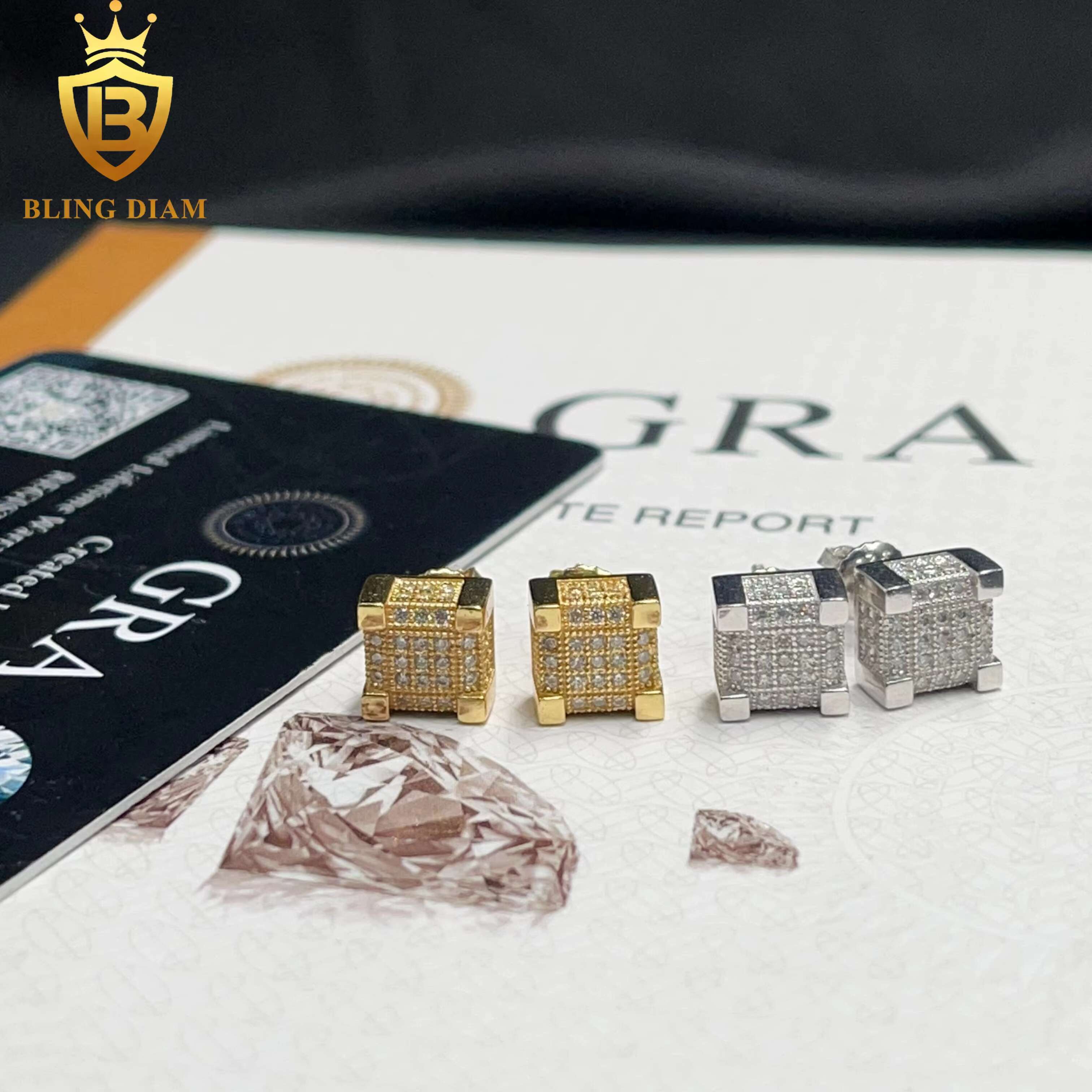 8.2mm Fine Jewelry Iced Out Square Jewelry 925 Sterling Silver VVS Moissanite Pass Diamond Tester Earrings Men