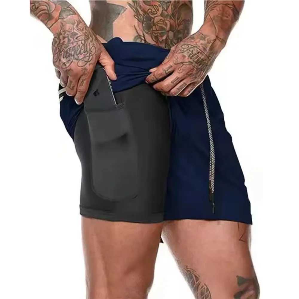 Mens fitness built-in pocket sports shorts summer 2-in-1 quick drying gym beach shorts running double-layer mesh shorts X250410