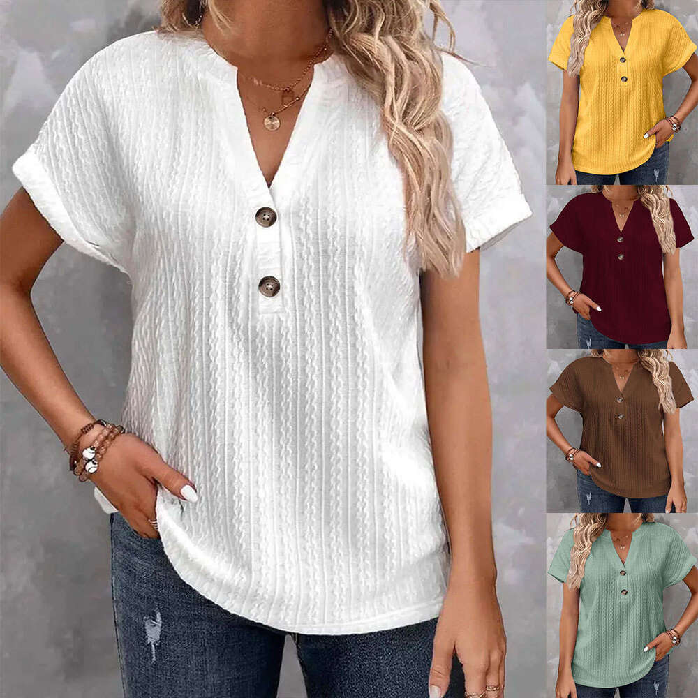 2024 Spring Summer European and American Cross-Border Amazon Independent Station New Women's Fashion Casual Solid Color Button V-Neck T-Shirt for