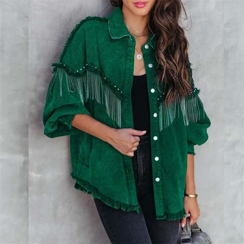 Fashion Chain Splicing Decoration Jacket Women Vintage Tassel Denim Coat Female Single-Breasted Cardigan Casual Loose Outerwear