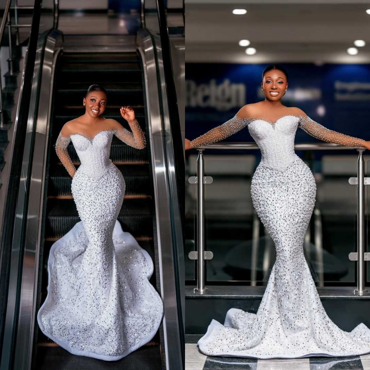 Sexy Mermaid Wedding Dress Pearls Sequins Off Shoulder Long Sleeve Bride Gowns Charming Floor Length Bridal Dresses Customized