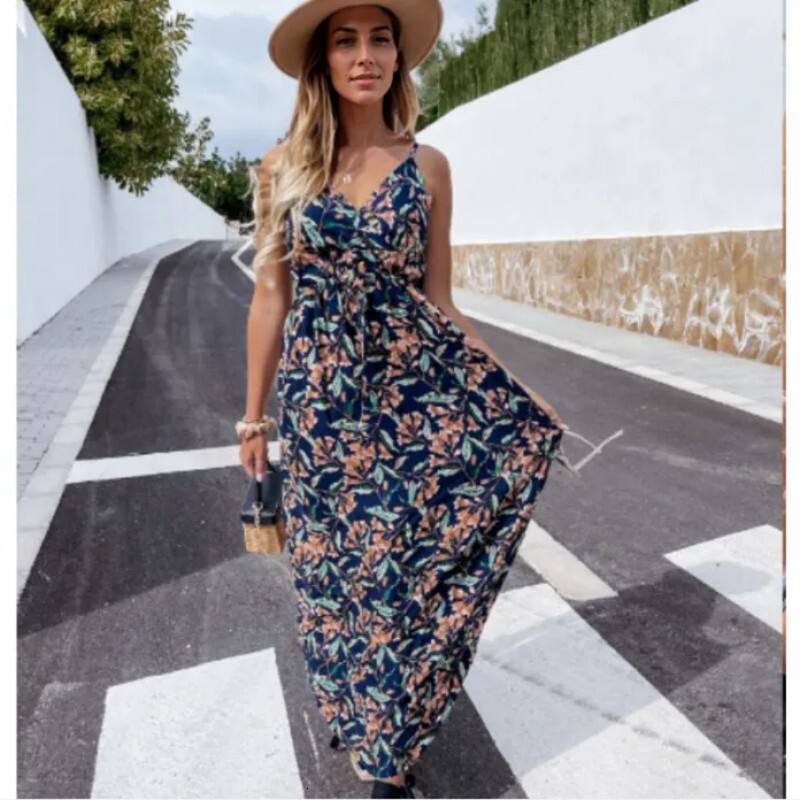 Fashionable new hot selling women's high waisted printed suspender dress with large swing