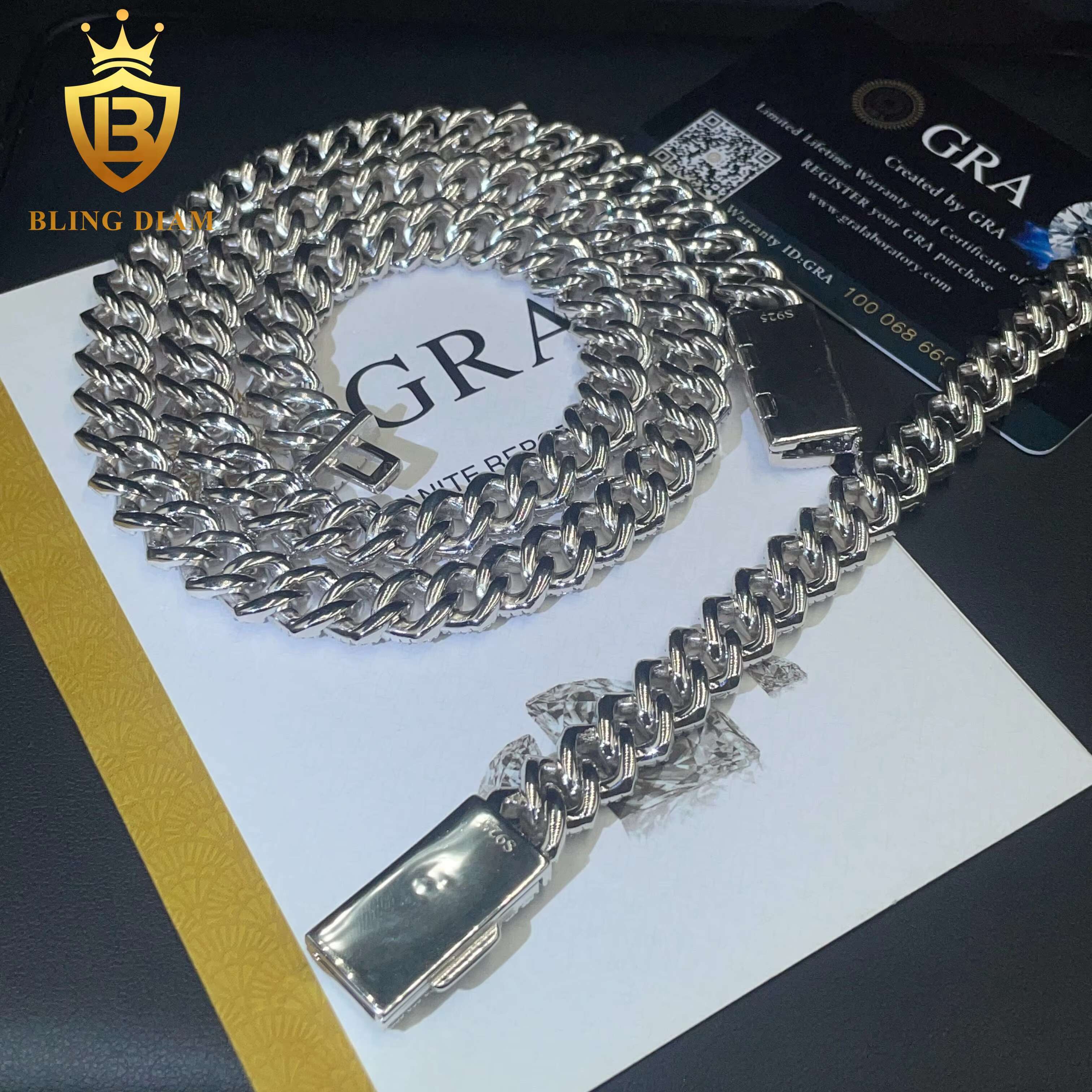 Factory Direct Wholesale Moissanite Cuban Chain Bracelet Necklace Hip Hop Style VVS Diamond 2 Rows Sizes 12mm 925 Silver Men