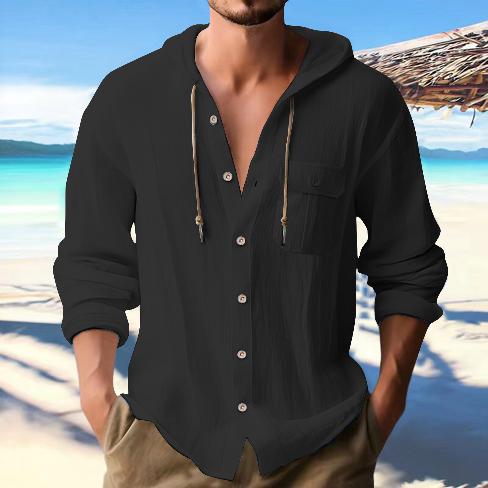 Cotton and linen button three-dimensional pocket long sleeved spring and autumn mens beach casual shirt