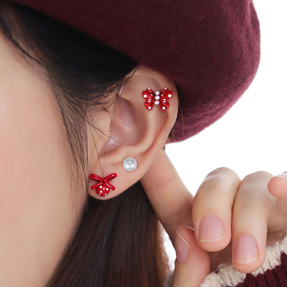 Red Polka Dot Bowknot Combination Ear Bone Cartoon Playful Small Exquisite High-end Feel Cute Stud Earrings for Women
