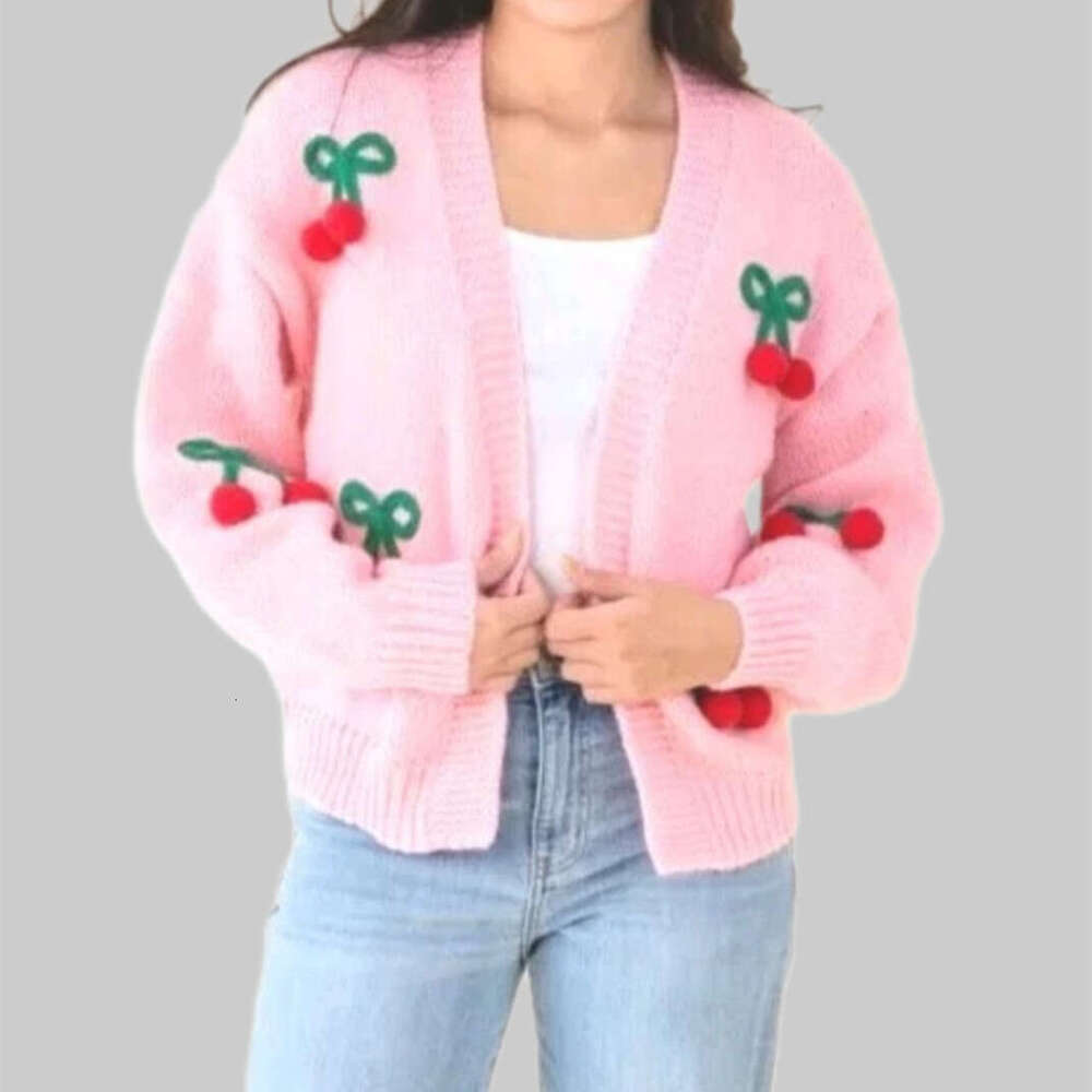 3D Cherry Pattern Women's Elegant Sweater Cardigan 2025 Autumn Winter New European and American Cross-Border Button Long Sleeve Knit