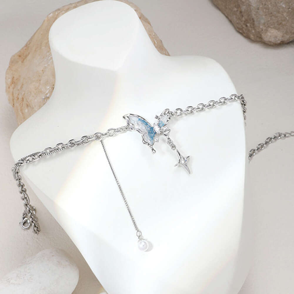 Cool Blue White Oil Drop Butterfly for Women, Light Luxury Niche Design Sense Collarbone Chain, Fresh and Sweet Necklace Wholesale
