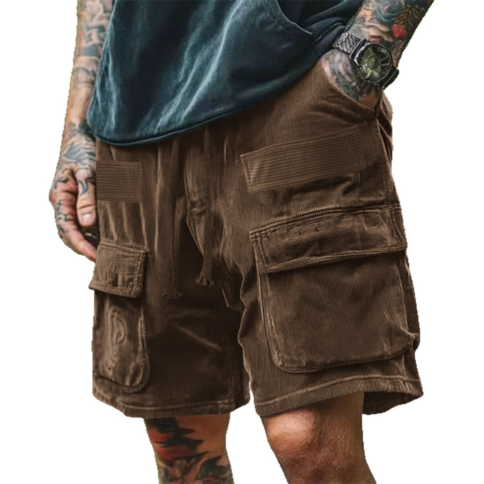 2025 summer new five piece workwear pants with multiple pockets corduroy trendy brand loose mens shorts American mens clothing