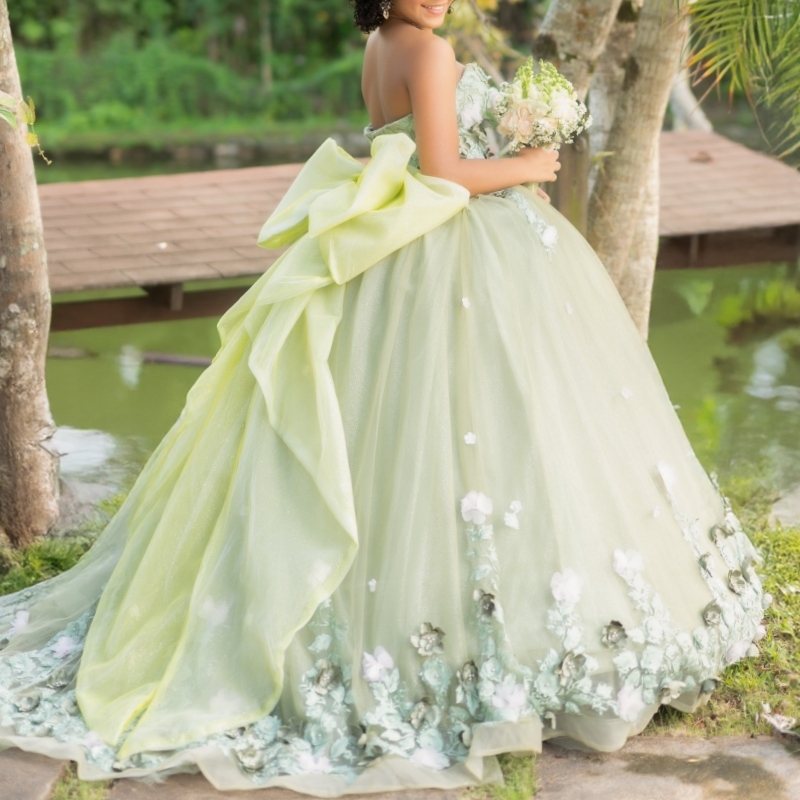 Green Shiny Quinceanera Dresses Off The Shoulder Applique Flower Tull Party Birthday Sweet 16 Dress Vestidos 15 De Anos