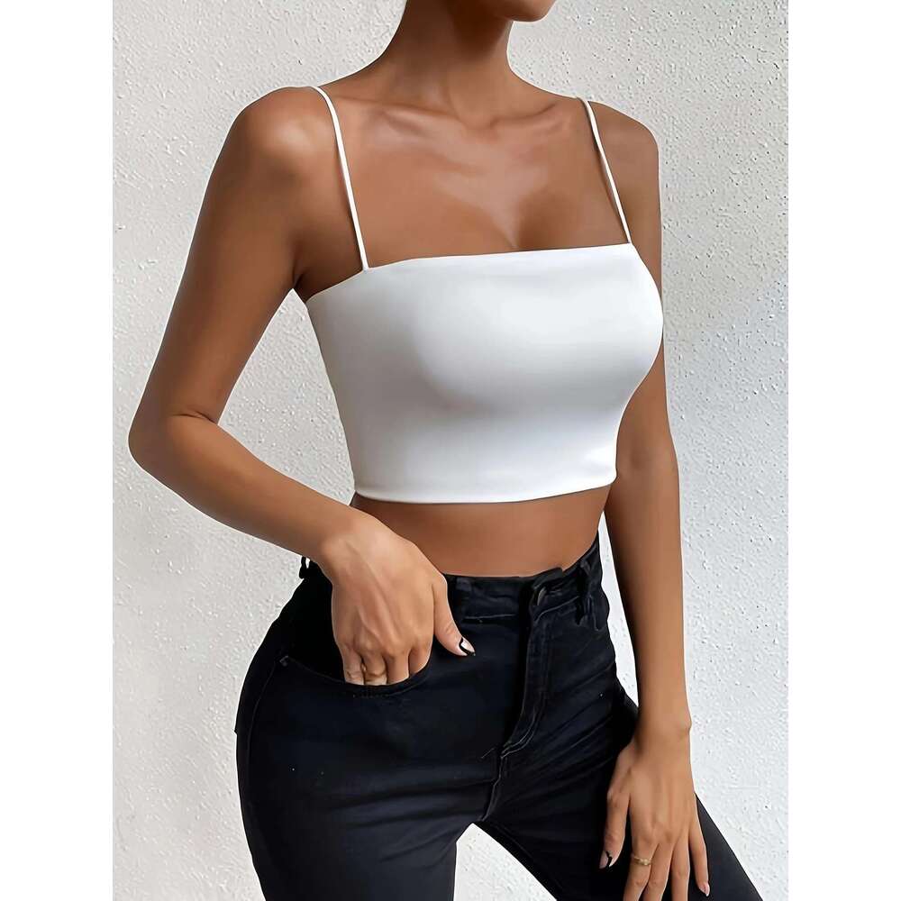 Chic Solid Spaghetti Strap Cami Crop Top Flattering Sleeveless & Backless Design - Lightweight, Fashion-Forward Womens Clothin