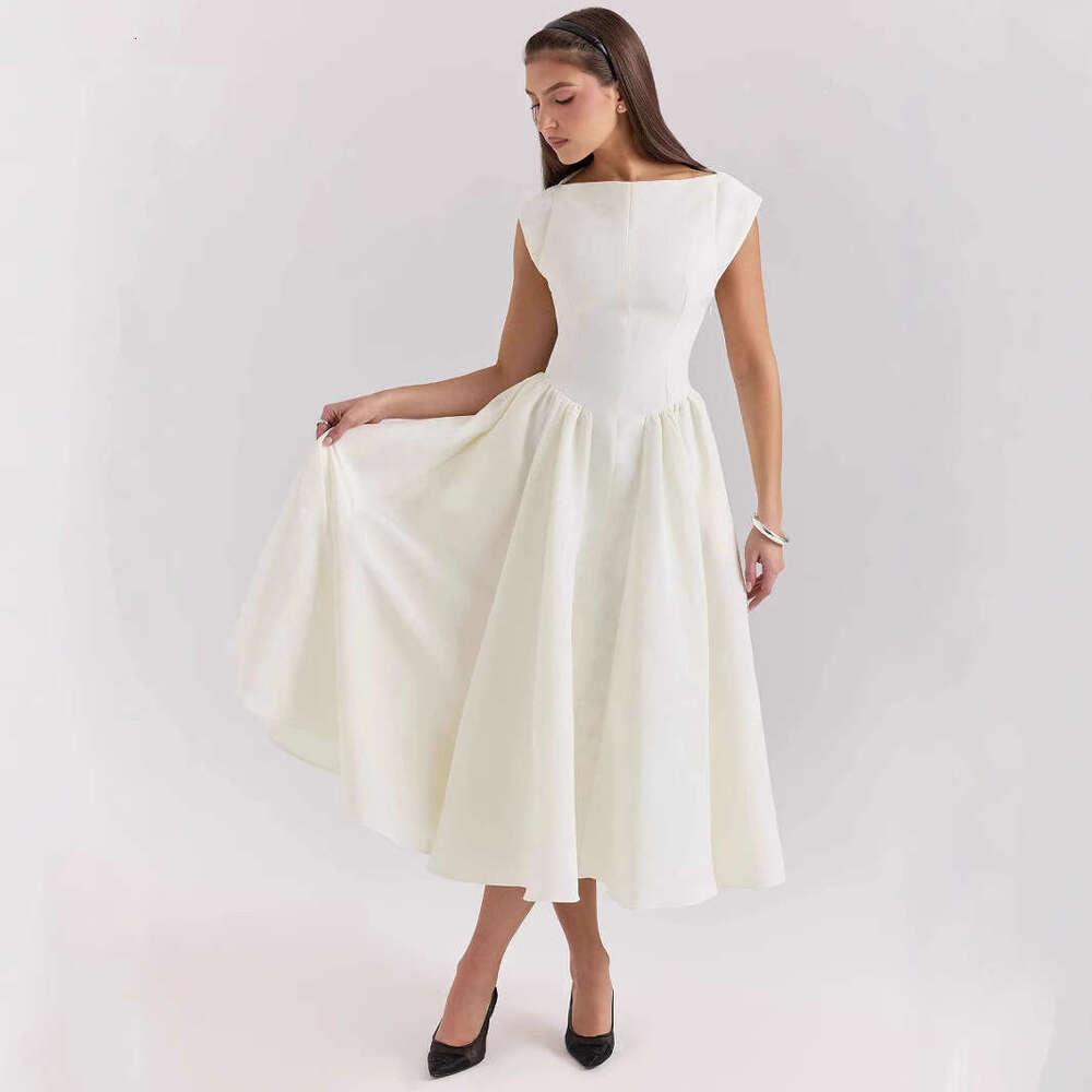 European American spring and summer backless round neck sleeveless vest skirt women's French niche medium long dress solid color 2025 new casual 