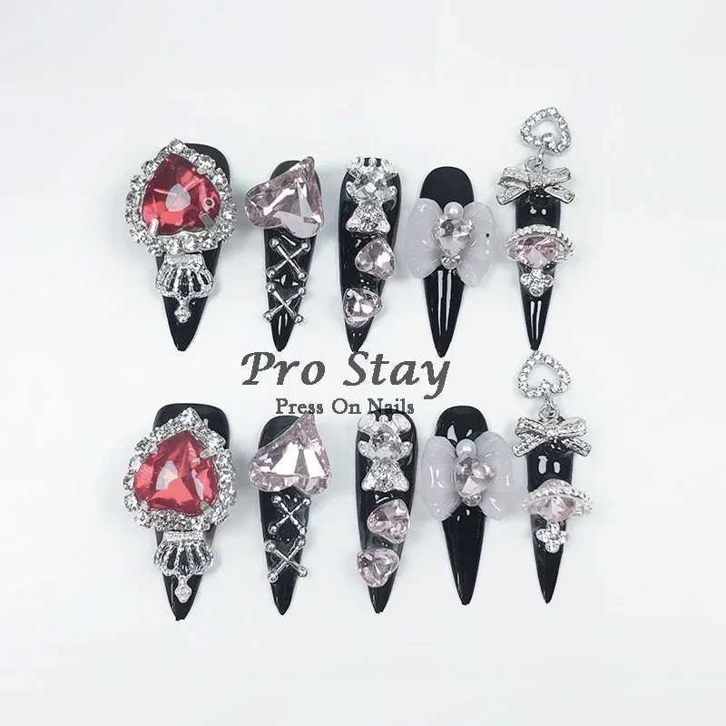 0 pieces of dark black Y2k hot girl hand pressed nails sweet and cool diamond metal decoration wearable fake nails W250410