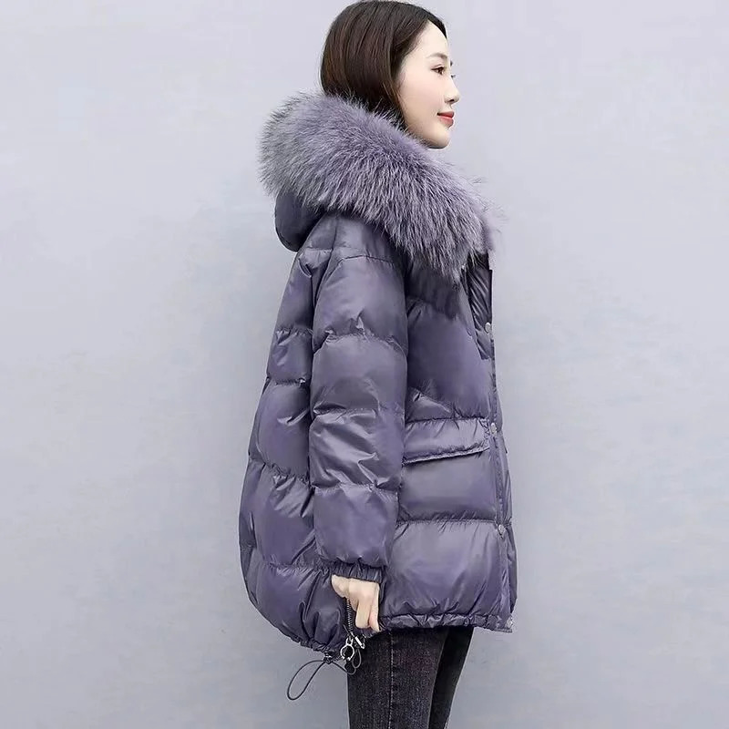 Down Cotton Jacket 2024 Womens Mid Length Korean Version Loose Fitting Thick Jacket Large Woolen Collar Winter Hooded Outfi 251107