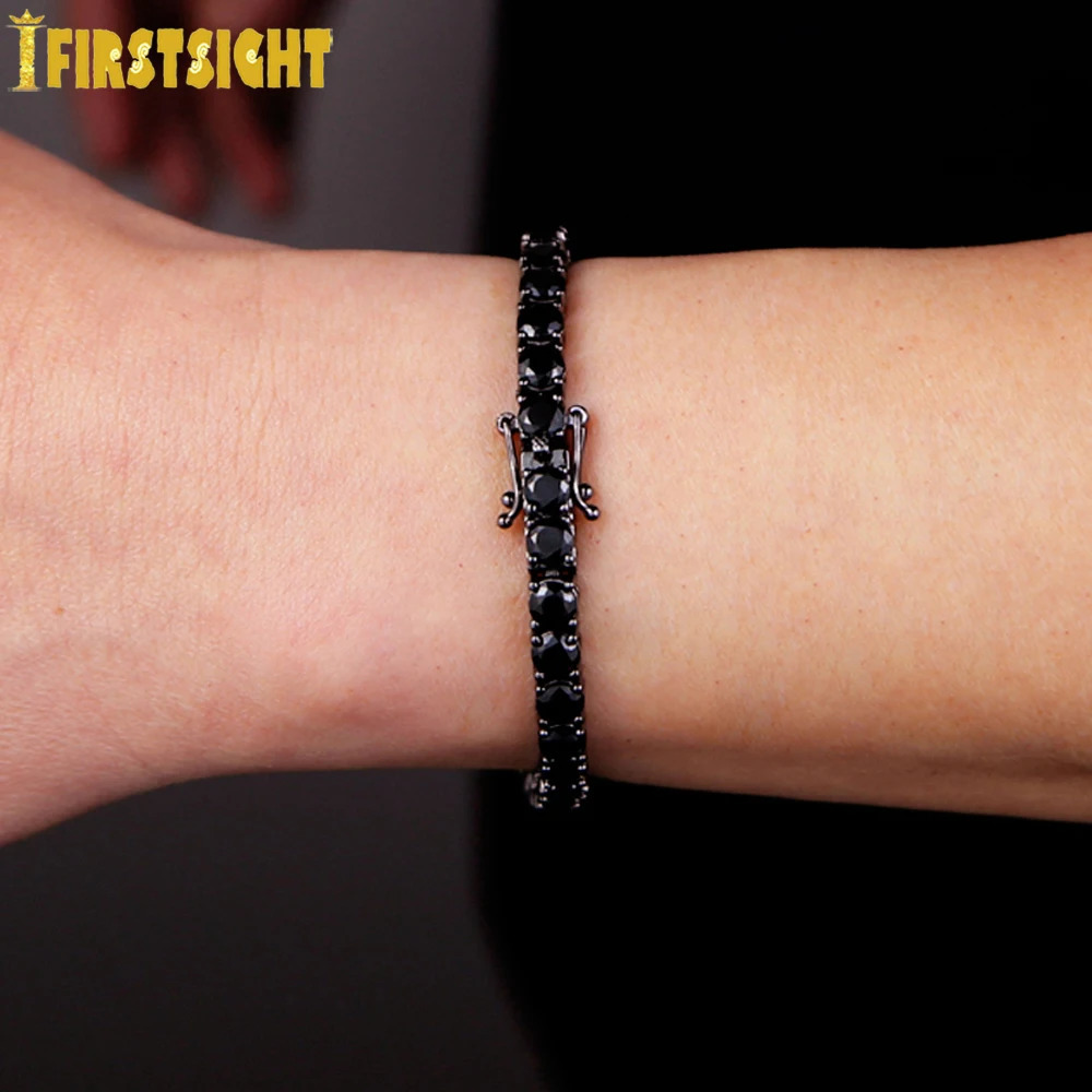 Iced Out Bling Cubic Zirconia Tennis Chain Bracelet 5mm Black Color Charm Bangle Hip Hop For Women Men Jewelry 250408