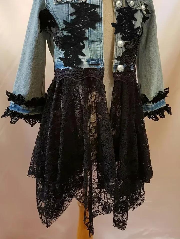 Collar denim jacket womens lace hook flower hollow splicing work edge hole denim jacket autumn streetwear denim jacket 250409