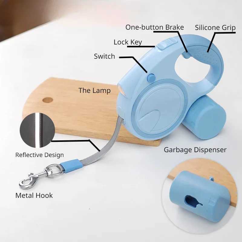 Retractable Dog Leash with LED Poop Bag Dispenser 16 FT Reflective Leash Dog Walking Puppy Durable Tractor Multifunctional Rope J251110