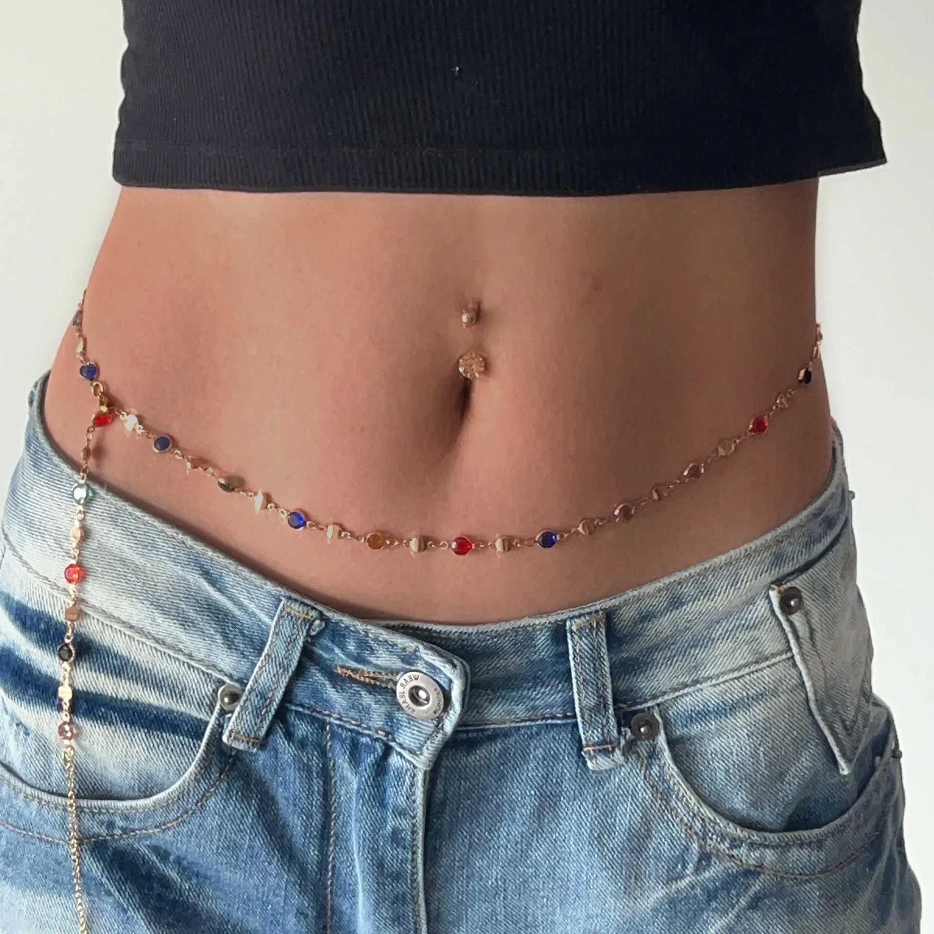 Fashion colored crystal waist chain Wenpunk summer sexy beach bikini body jewelry Y2K accessories X250410
