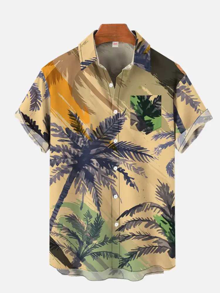 Mens Hawaiian Coconut Tree Pattern Shirt Summer Beach Sunset Shirt Mens Casual Short Sleeve Shirt Exquisite 3D Printed Shirt X250410