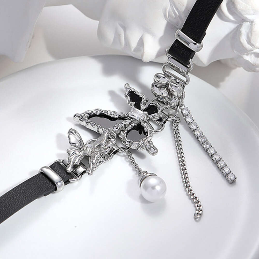 Butterfly Pearl for Women, Light Luxury Wholesale, High-End New Chinese Style Black Leather Choker, Hip-Hop Trendy Versatile Necklace
