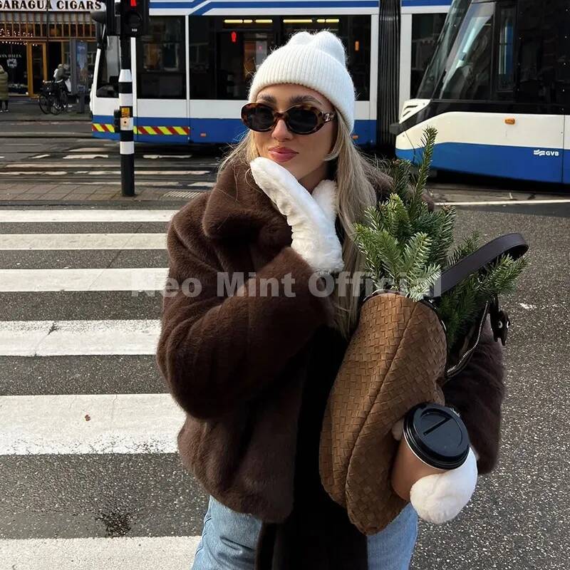 Neo Mint Cool Street Girls Fashion Brown Faux Jacket Women Luxury Fake Mink Fur Coat 2025 Autumn Winter Warm Short Overcoat