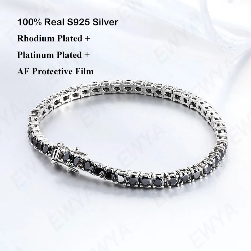 EWYA GRA Certified Real 3/4/5/6.5MM Full Black Tennis Bracelet for Women Men S925 Silver Link Bracelets Fine Jewelry 250408