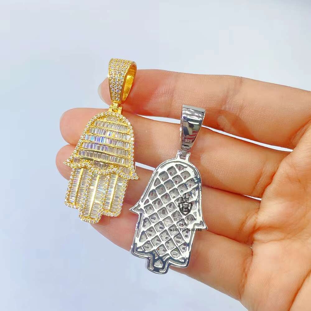 Hot Sale Bling Iced Out Hamsa Hand Pendant Sterling Silver Moissanite 925 Silver Pendant
