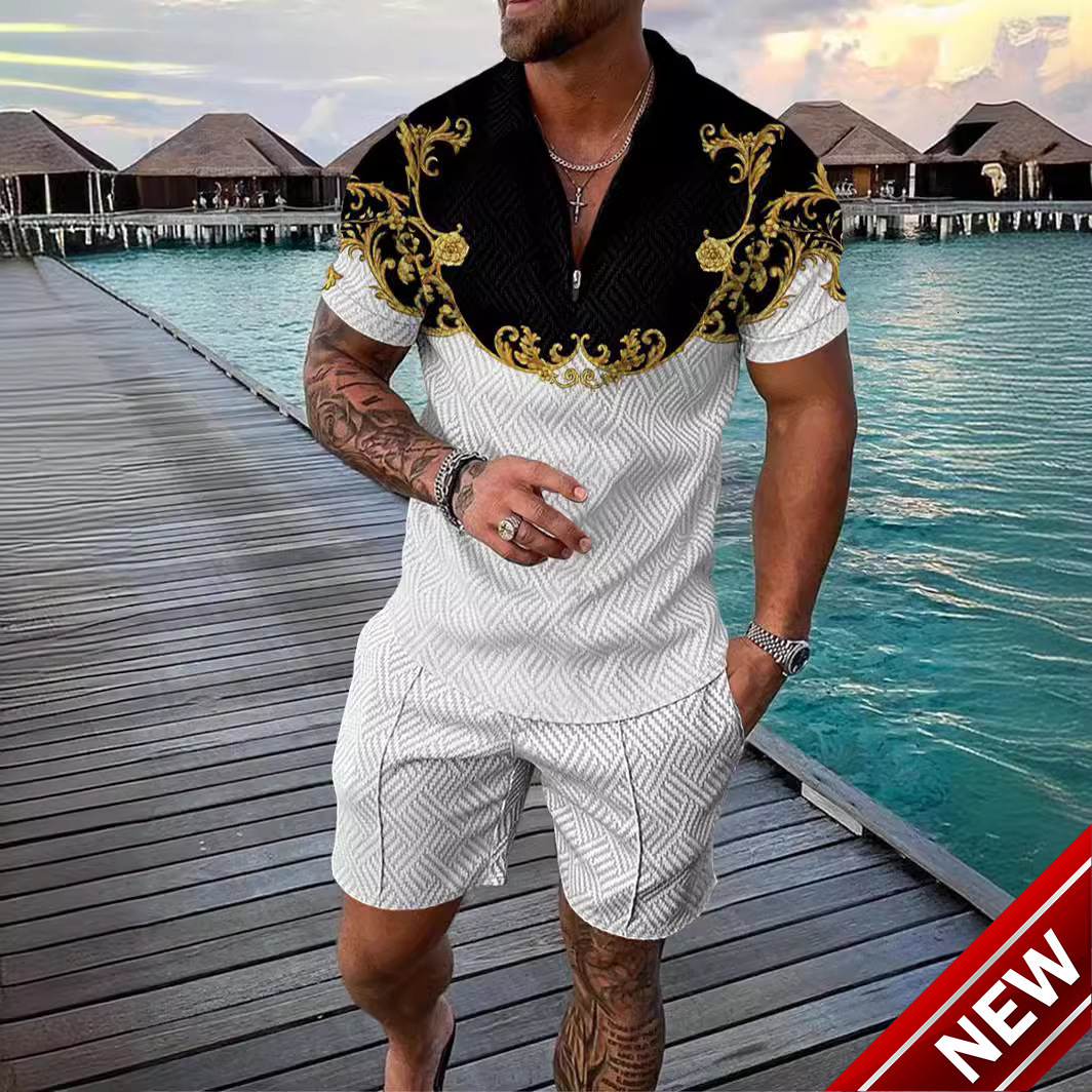 2023 mens new casual color contrast POLO zip polo short sleeve suit