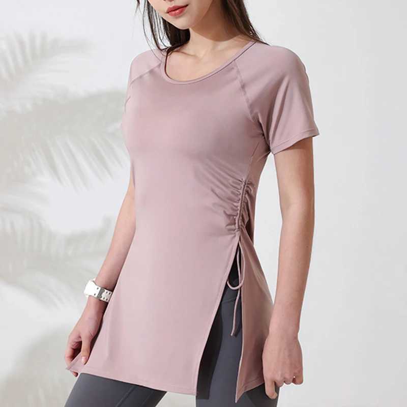Womens sports shirt short sleeved yoga top gym long shirt side pull split sports top breathable fitness yoga suitXJ250410