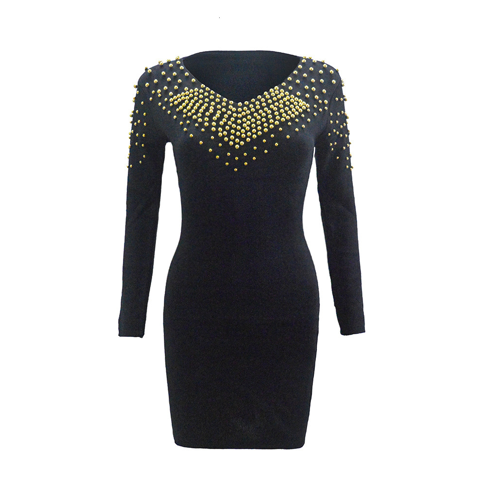 Autumn and Winter New Women's Sexy V-neck Beaded Wrap Hip Long Sleeve Knitted Dress